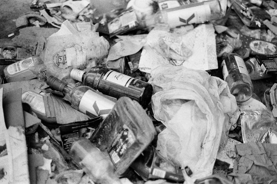 A person lifting crumpled brown paper bags filled with waste towards a grey recycling bin, which has an open lid and is labeled with the word 'RECYCLE'. The bags contain various types of rubbish, incl